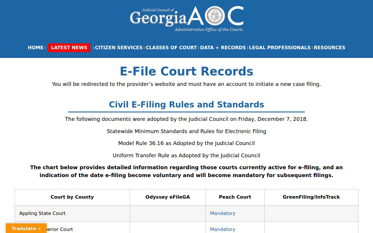 Georgia electronic filing directory used for Bryan County civil cases