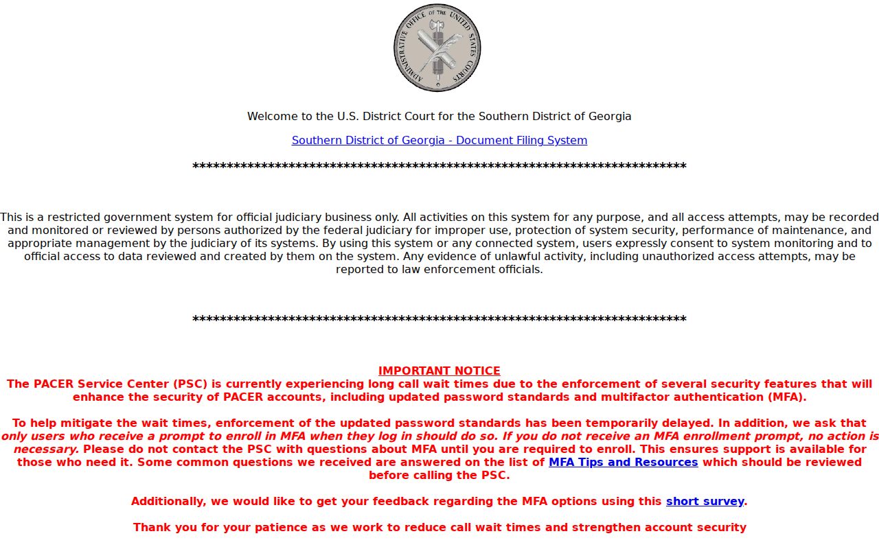 Southern District of Georgia CM ECF records interface