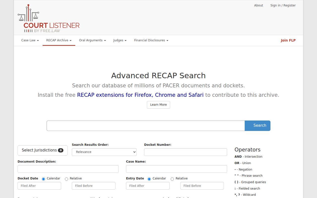 RECAP federal docket search interface