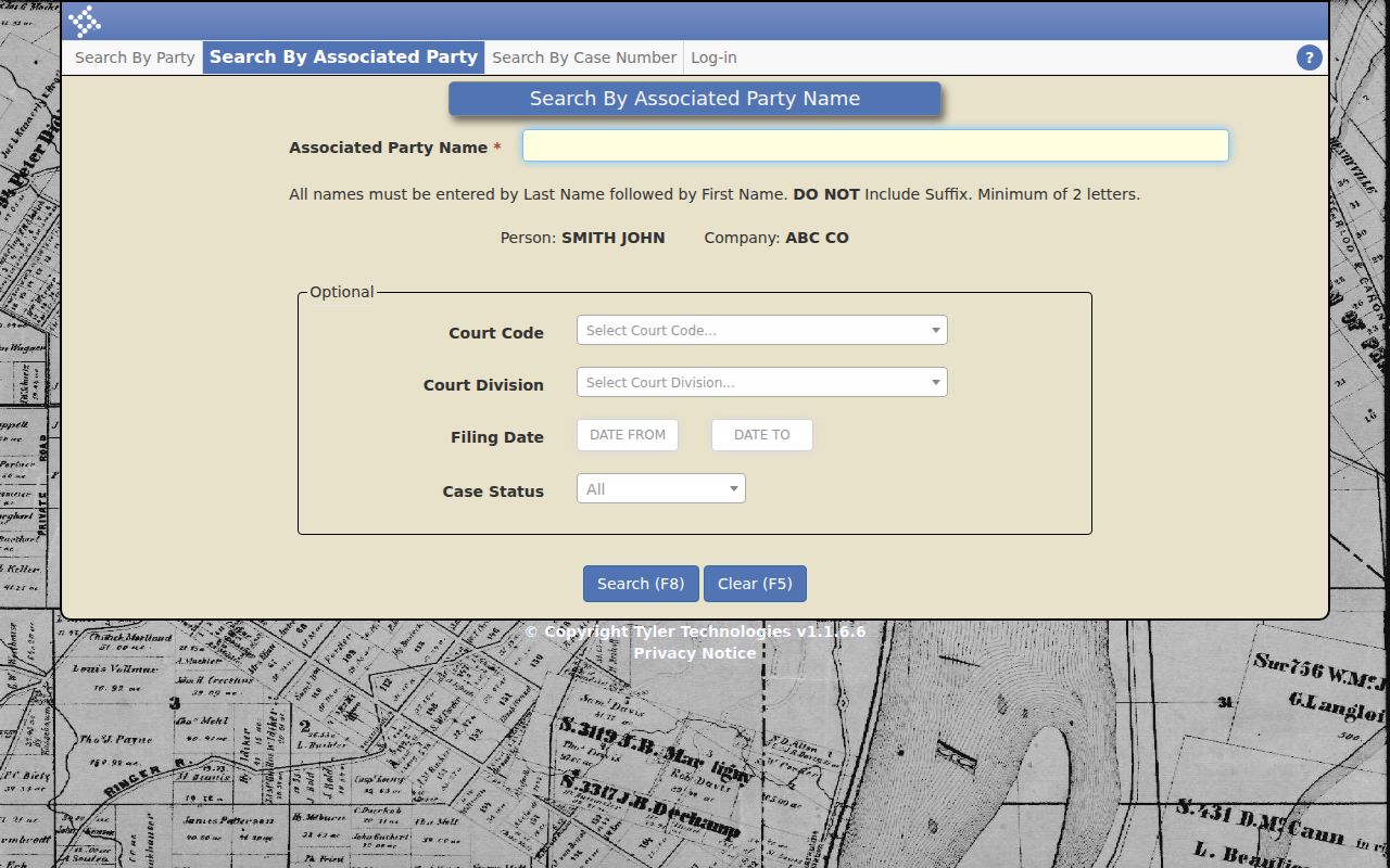 Bryan County CM Web criminal search by party screen