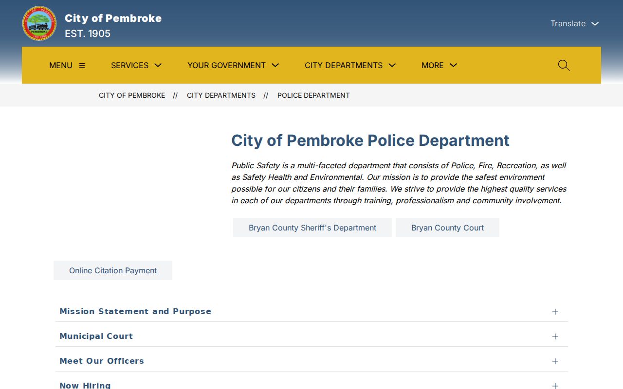 Official Pembroke Police Department municipal court and citation page