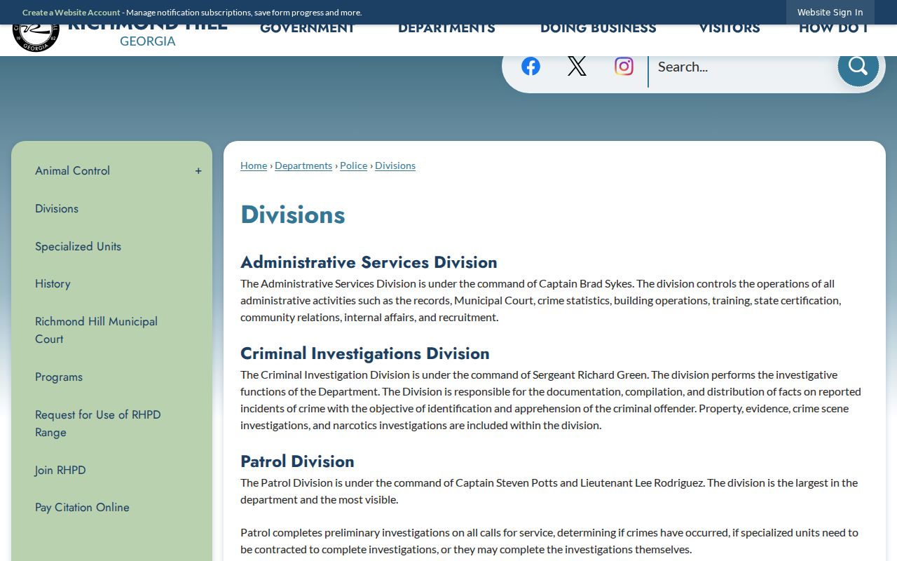 Richmond Hill Police Department divisions and administrative services page