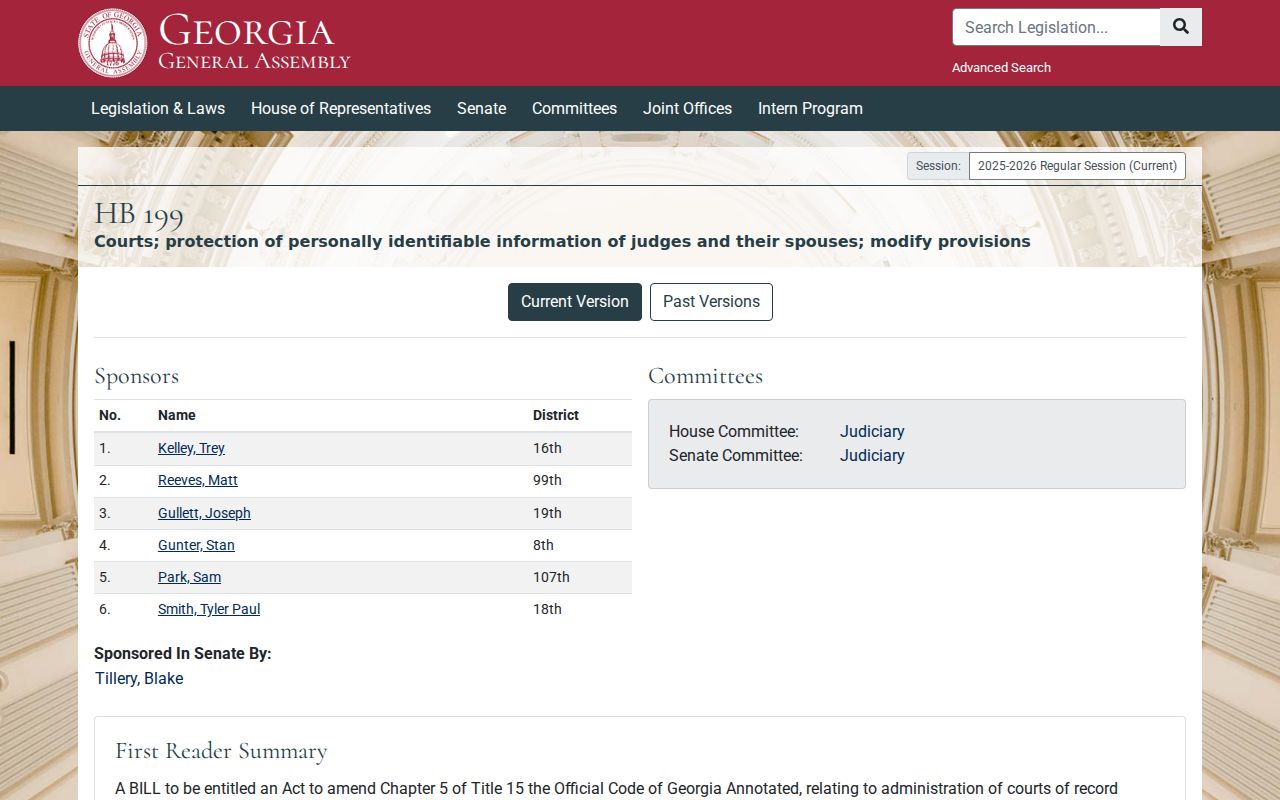 Georgia legislation page concerning protected judicial personal information